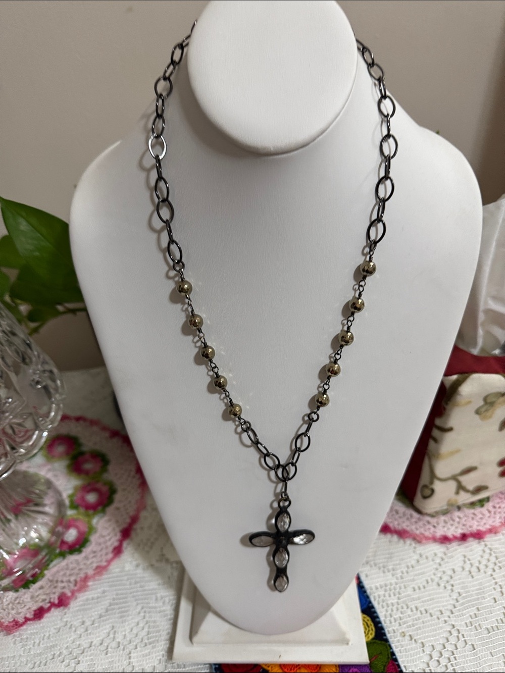 Lula n Lee Gunmetal Crystal Cross Pendant Necklace Gold Beads Women Jewelry 17”